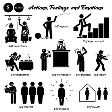 Stick figure human people man action, feelings, and emotions icons alphabet S. Self, importance, imposed, improvement, indulgence, incriminate, inflicted, injure, interest, involved, and isolate. clipart