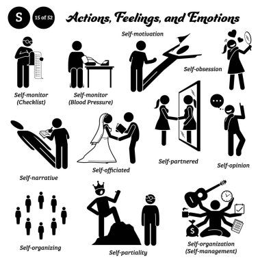 Stick figure human people man action, feelings, and emotions icons alphabet S. Self, monitor, motivation, obsession, narrative, officiated, partnered, opinion, organizing, partiality, and organization clipart