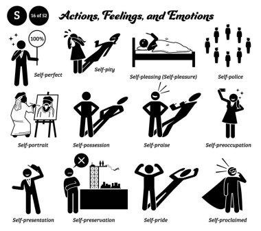 Stick figure human people man action and feelings icons alphabet S. Self, perfect, pity, pleasing, police, portrait, possession, praise, preoccupation, presentation, preservation, pride, proclaimed.