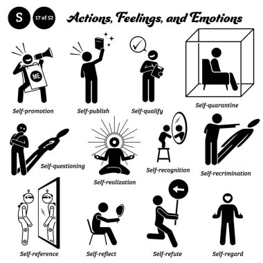 Stick figure people man action and emotions icons alphabet S. Self, promotion, publish, qualify, quarantine, questioning, realization, recognition, recrimination, reference, reflect, refute, regard.