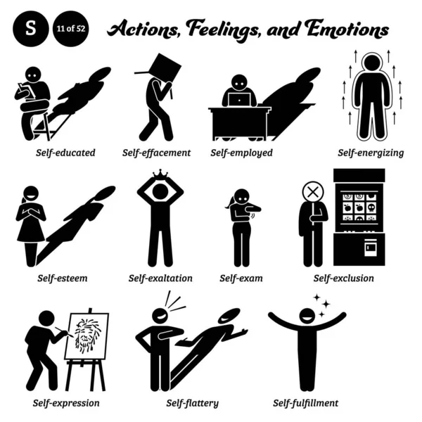Stick Figure Human People Man Action Feelings Emotions Icons Alphabet — ストックベクタ