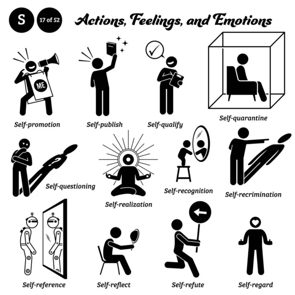Stick figure people man action and emotions icons alphabet S. Self, promotion, publish, qualify, quarantine, questioning, realization, recognition, recrimination, reference, reflect, refute, regard.