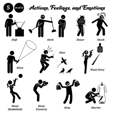 Stick figure human people man action, feelings, and emotions icons alphabet S. Shift, shirk, shiver, shock, shine, shoo, shoot, gun, basketball, camera, shop, and shorten.