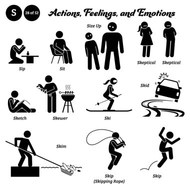 Stick figure human people man action, feelings, and emotions icons alphabet S. Sip, sit, size up, skeptical, sketch, skewer, ski, skid, skim, skip, and skipping rope.