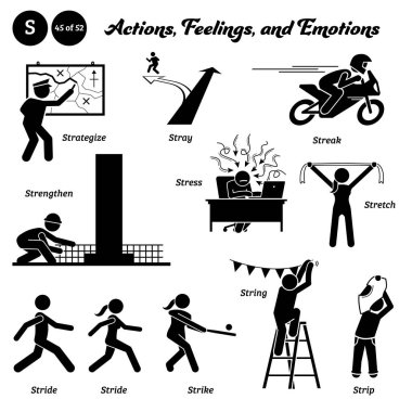 Stick figure human people man action, feelings, and emotions icons alphabet S. Strategize, stray, streak, strengthen, stress, stretch, stride, strike, string, and strip.