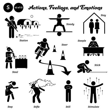 Stick figure human people man action, feelings, and emotions icons alphabet S. Station, steady, stay, steal, steer, steeple, stick, step, stifle, still, and stimulate. clipart