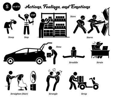 Stick figure human people man action, feelings, and emotions icons alphabet S. Stoop, stop, store, storm, stow, straddle, strain, straighten, hair, strangle, and strap. clipart