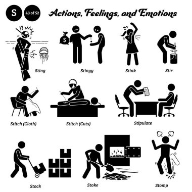 Stick figure human people man action, feelings, and emotions icons alphabet S. Sting, stingy, stink, stir, stitch, cloth, cuts, stipulate, stock, stoke, and stomp. clipart