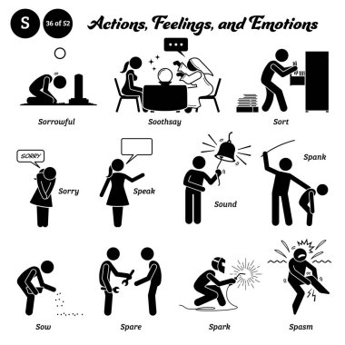 Stick figure human people man action, feelings, and emotions icons alphabet S. Sorrowful, soothsay, sort, sorry, speak, sound, spank, sow, spare, spark, and spasm.