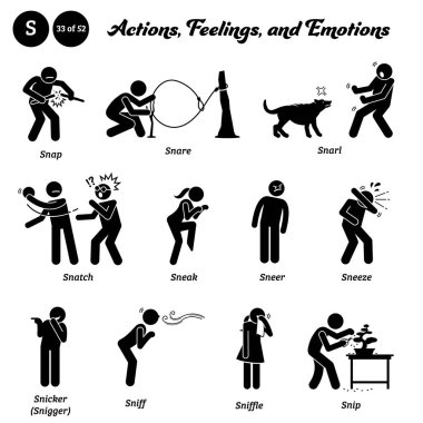 Stick figure human people man action, feelings, and emotions icons alphabet S. Snap, snare, snarl, snatch, sneak, sneer, sneeze, snicker, snigger, sniff, sniffle, and snip
