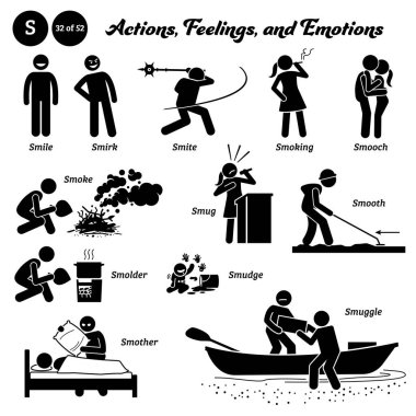 Stick figure human people man action, feelings, and emotions icons alphabet S. Smile, smirk, smite, smoking, smooch, smoke, smolder, smug, smudge, smooth, smother, and smuggle clipart