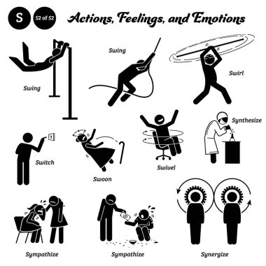 Stick figure human people man action, feelings, and emotions icons alphabet S. Swing, swirl, switch, swoon, swivel, synthesize, sympathize, and synergize.  clipart