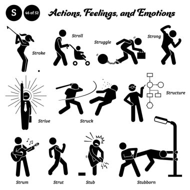 Stick figure human people man action, feelings, and emotions icons alphabet S. Stroke, stroll, struggle, strong, strive, struct, structure, strum, strut, stub, and stubborn. 