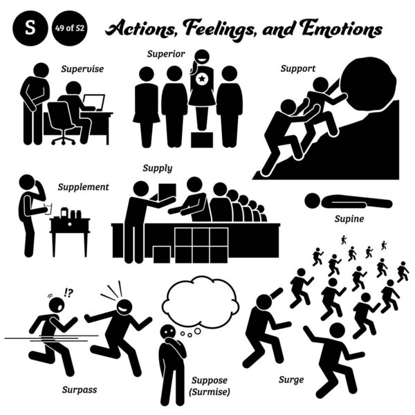 Stick figure human people man action, feelings, and emotions icons alphabet S. Supervise, superior, support, supplement, supply, supine, surpass, suppose, surmise, and surge.