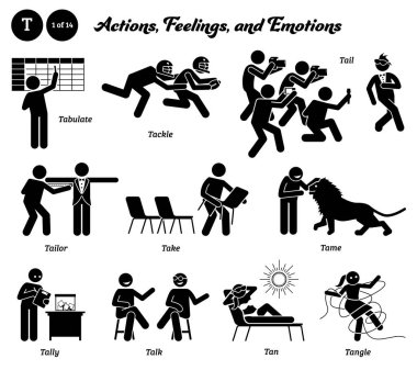 Stick figure human people man action, feelings, and emotions icons alphabet T. Tabulate, tackle, tail, tailor, take, tame, tally, talk, tan, and tangle. clipart