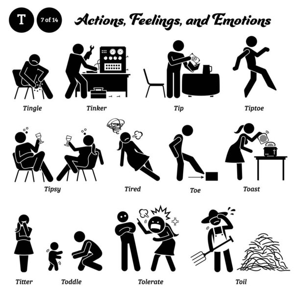 Стыкайте фигуру человека с действиями, чувствами и эмоциями, придирчиво, на цыпочках, на цыпочках, устав, тост, тост, тост, тост, тоска, терпимость и труд.