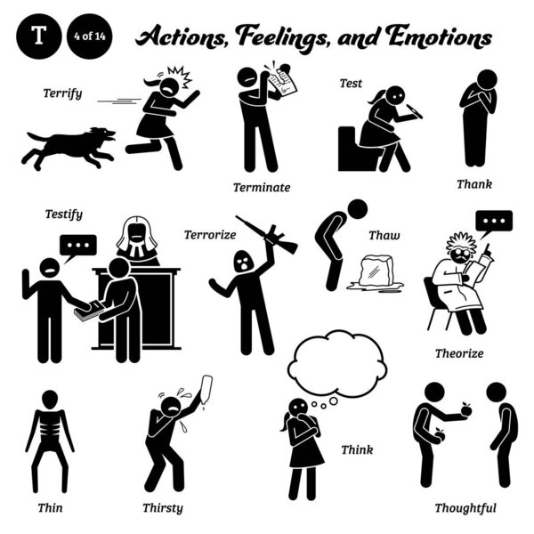 Stick figure human people man action, feelings, and emotions icons alphabet T. Terrify, terminate, test, thank, testify, terrorize, thaw, theorize, thin, thirsty, think, and thoughtful.