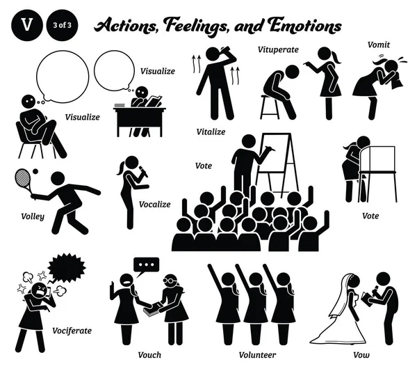 人間の人間の行動 感情のアイコンのアルファベットVをスティック図 視覚化 活性化 バレーボール バウチャー ボランティア および誓い — ストックベクタ
