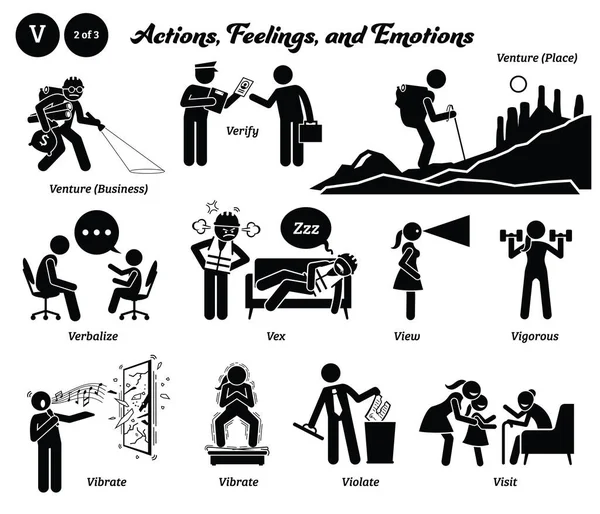 Patyk Postać Człowieka Człowieka Działania Uczucia Emocje Ikony Alfabetu Venture — Wektor stockowy