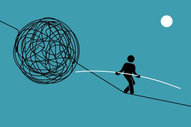 Kişi kaotik ve tehlikeli bir ip yarışmasını başarıyla atlatır. Vektör illüstrasyonları klip sanatı çaba, başarı, cesaret, risk, zor ve denge kavramını betimler.