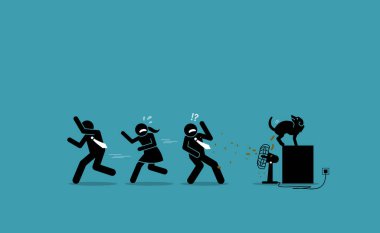 Shit hit the fan. Vector illustrations clip art depicts concept of company business havoc, issue, problem, disorder, chaos, crisis, and disarray.  People running away to avoid the feces flying around. clipart