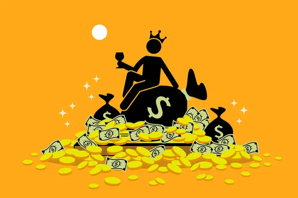 Mann Mit Krone Sitzt Auf Einem Haufen Geld Und Goldmünzen — Stockvektor