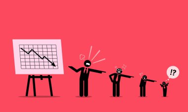 Şirket patronu ve işçi kötü iş performansı için hiyerarşide birbirlerini suçluyorlar. Vektör illüstrasyon konsepti suçlamayı, sorumsuzluğu, suçlamayı ve şirket istismarını tasvir eder.