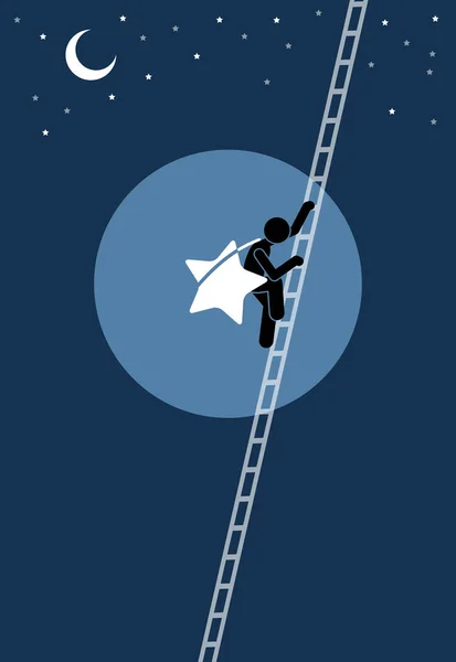 一个人成功地从天上掉下一颗星星后爬下了一个长梯子 病媒图解描绘了成就 冒险和梦想的概念 — 图库矢量图片