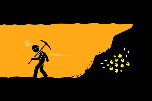 Madenci Pes Etti Yeraltındaki Tüneldeki Altınlara Hazinelere Ulaştıktan Sonra Bıktı — Stok Vektör