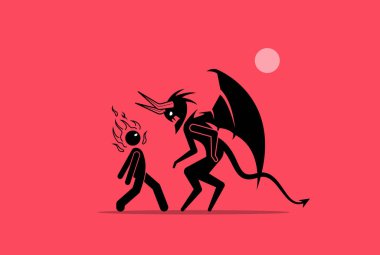 Face your demon. Man confront his fear and facing up against the demon. Vector illustrations concept of confident, bravery, fearless, withstand challenges, and unafraid of the devil. clipart