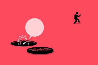 Man abandon his friend in the hole and run away. Vector illustration depicts concept of neglect, selfish, unreliable, untrustworthy, backstab, forsake, unreliable, and bad person. clipart