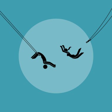 Two trapeze artist performing in acrobatic circus aerial stunt. Vector illustration depicts concept of trust, reliability, confidence, belief, entrust, commitment, and faith.  clipart