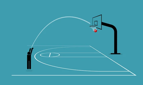 Mann Schießt Einen Basketball Von Der Dreipunktlinie Einen Korb Und — Stockvektor
