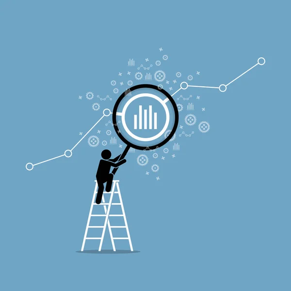 大きな拡大鏡ではしごを登るビジネスマンは 財務データチャートをチェックし 技術的な分析を分析します ベクトル図は 金融投資 ビジネスの概念を示しています ストックベクター