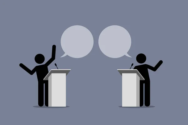 Deux Orateurs Débattent Disputent Sur Podium Illustration Vectorielle Représente Concept Vecteurs De Stock Libres De Droits