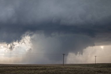 Gelişmekte olan bir kasırga, geniş bir otlağın üzerindeki yağmur perdeleriyle gizlenir..