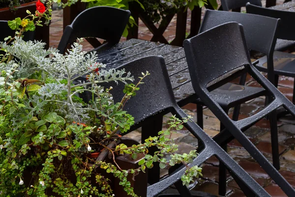 Prázdný Mokrý Dřevěný Stůl Židle Terase Venkovní Kavárny Během Deště — Stock fotografie