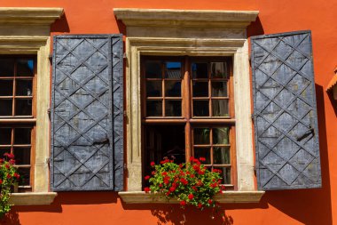 Antik tarihi bina cephe. Windows çiçekli. Lviv, Ukrayna. Avrupa seyahat fotoğraf.