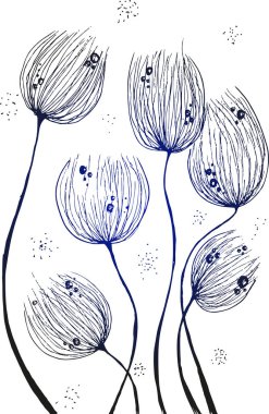 Mürekkep, kalem, siyah beyaz çiçek eskizi. Şeffaf arkaplan. Elle çizilmiş doğa resmi. Serbest çizim illüstrasyonu.