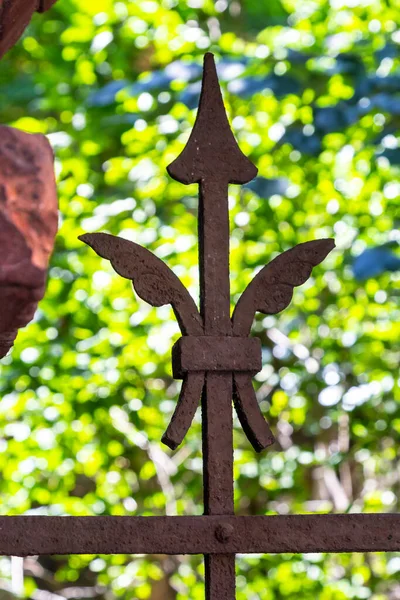 古い錆びた錬鉄製の門の装飾は ぼやけた緑色の背景に対して クモの巣でレース — ストック写真