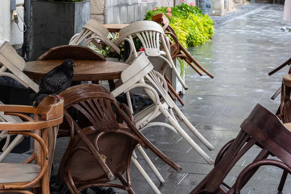 Mesa Madeira Molhada Vazia Cadeiras Terraço Cafetaria Livre Durante Chuva — Fotografia de Stock
