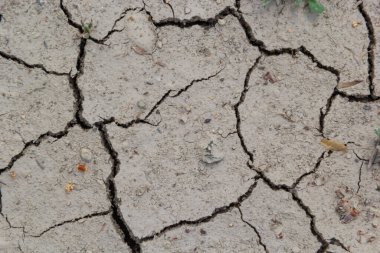 Zemin, kuraklık ve ölüm kavramına sahip arka plan veya grafik tasarımı için üst görünümde çatlaklar var..