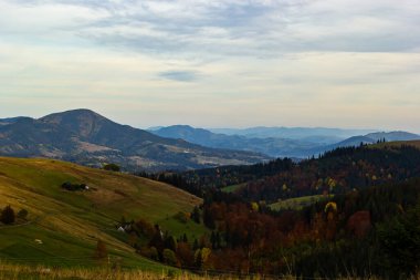 Güzel sonbahar manzarası. Dağ vadisinin muhteşem sonbahar manzarası. Dağ köyü, Karpatlar, Ukrayna, Avrupa 'nın muhteşem sabah manzarası. Güzel sonbahar manzarası.