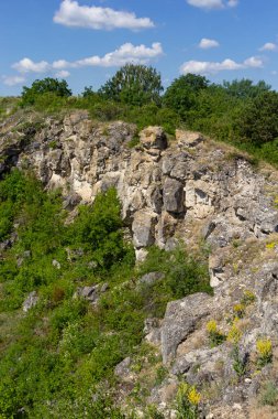 Yeşillikle kaplı vadi manzaralı. Jeolojik kusurları olan manzara vadisi. Yeryüzü dağları ve tümsekler gökyüzüne karşı rahatlıyor. Çıkıntıları ve aralıkları olan tepe kirişi. Ot ve ağaçlar bayır kanyonunda.