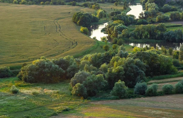 川のある晴れた夏の風景緑の丘と牧草地 — ストック写真