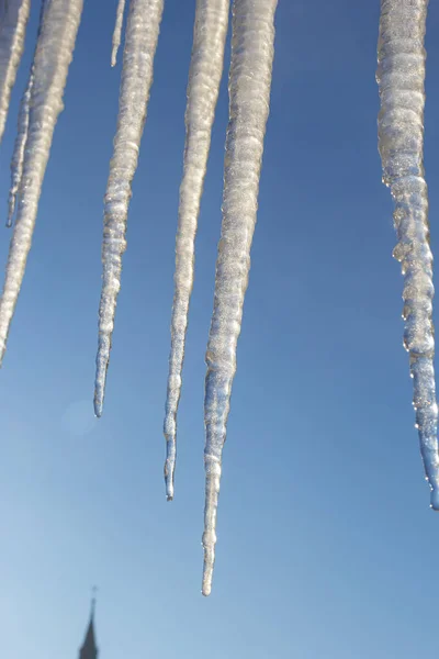Éles Jégcsapok Olvadt Lóg Tető Eresztékéről Gyönyörű Átlátszó Jégcsapok Lassan — Stock Fotó