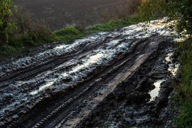 Vanishing dirt road with deep rut and puddles in village at sunset.