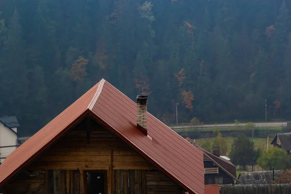 House New Brown Metal Tile Roof Rain Gutter Metallic Guttering — Stock Photo, Image
