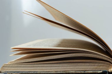 Beyaz arkaplanlı eski kitabı aç. Edebiyat, eğitim ve kitap yayıncılığı kavramı. Metin için boş alan.