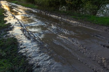 Vanishing dirt road with deep rut and puddles in village at sunset.